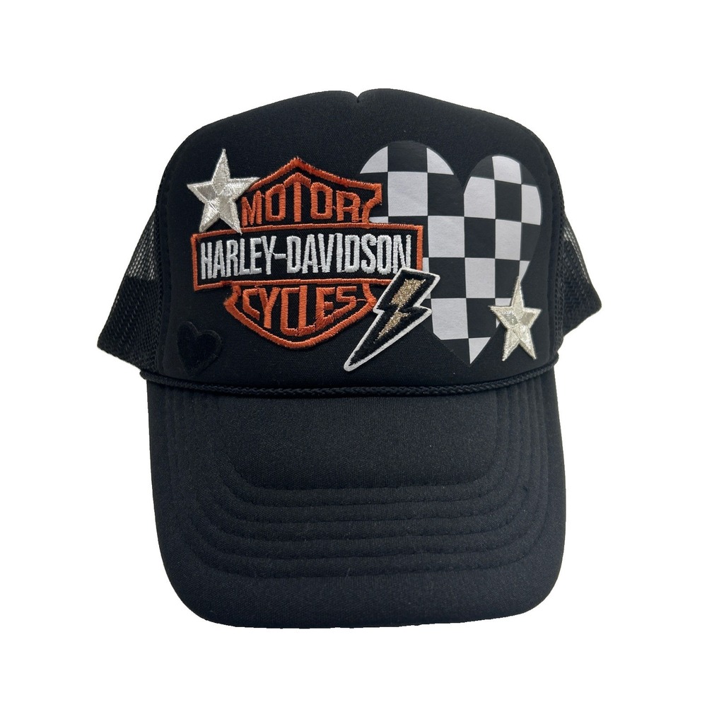 Vintage Harley Davidson Nissun Trucker Hat Snapback Checker Heart Lightning Y2K